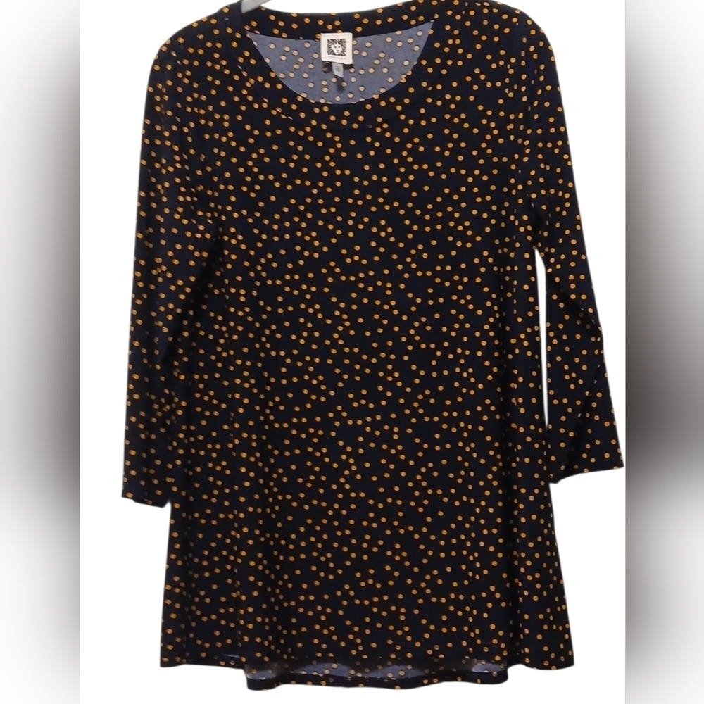 Anne Klein -NWOT, Navy Blue Top W/Gold Poke dots, 3/4 Sleeve, Round Neck, Size S